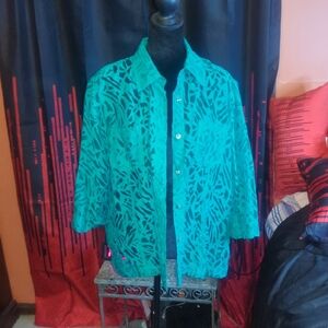 White Stag Turquoise Printed Button-Front Sheer Shirt Jacket LG 12-14